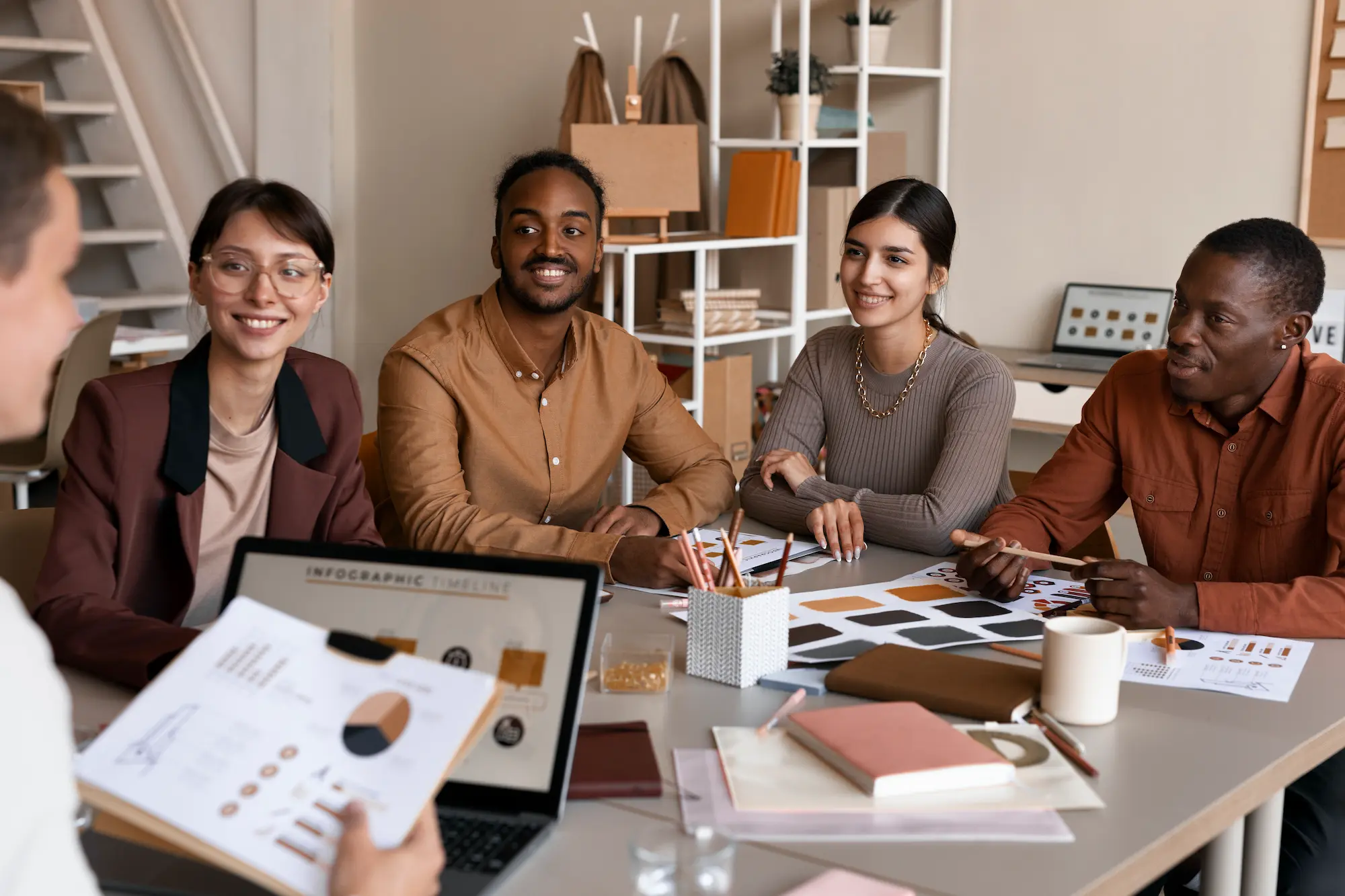 front-view-smiley-people-working